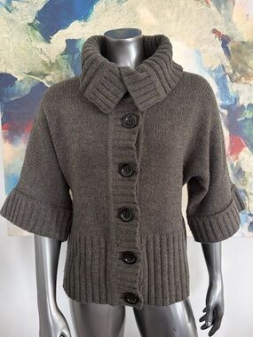 EXPRESS Y2K Vintage Short-Sleeve Button Merino Wool Cardigan Sweater - Dark Gray